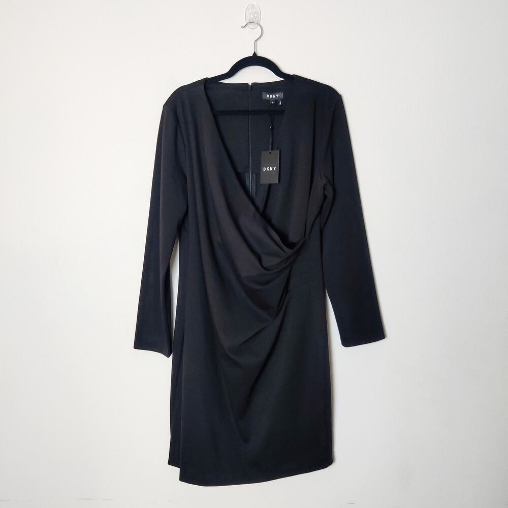 NWT DKNY Black Faux Wrap Ponte Midi Dress Size 16 Career Minimalist Office Siren